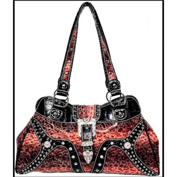 P & G Collection Faded Leopard Handbag with Rhinestone Buckle Flap NWT - Picture 1 of 12